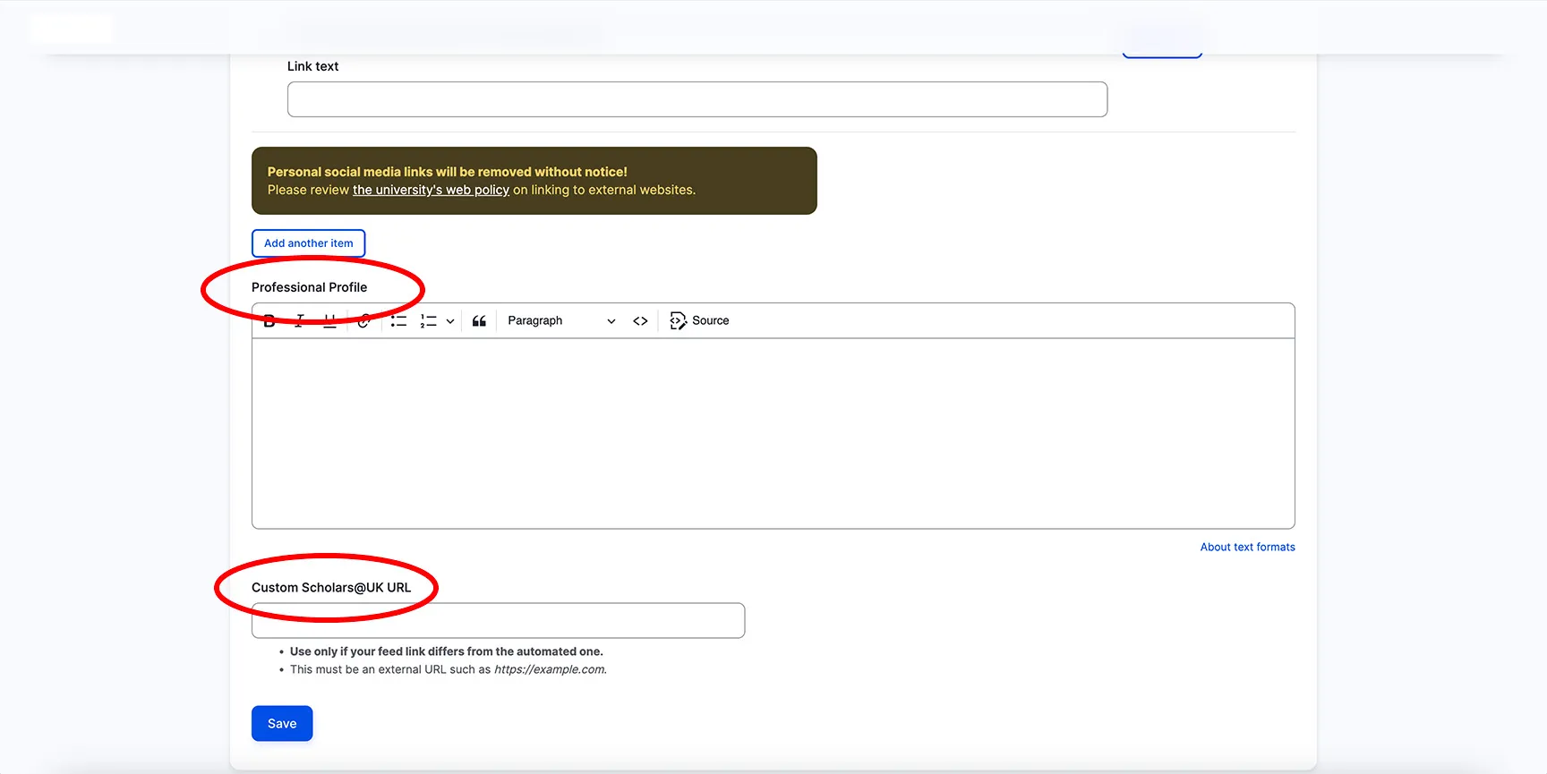 Screenshot of Professional Profile and Scholars@UK profile sections