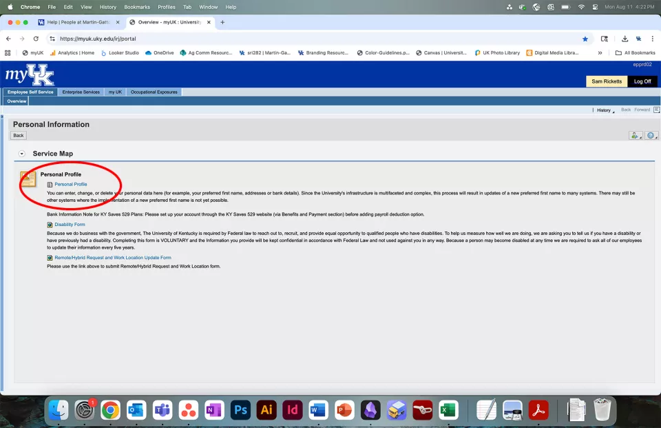 Screenshot of Personal Profile link in myUK